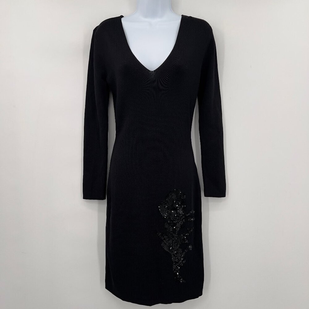 Sachin & Babi Violette Black Beaded Floral Long Sleeve Knit Cocktail Dress M NWT